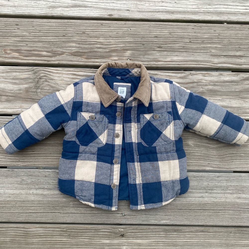 Baby Gap jacket in plaid in colors blue with hint of cream/brown. SIZE 12-18M